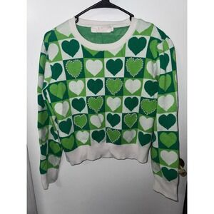 Lizette Collection Green Heart Checkered Pearl Embellished Sweater Large